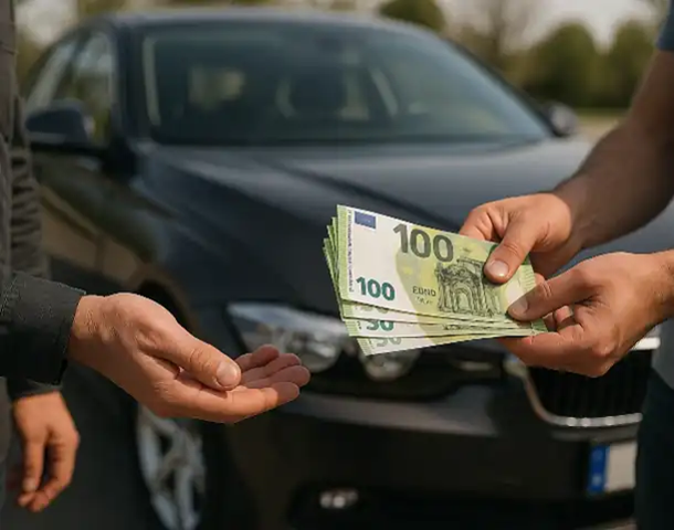 Ein zufriedener Kunde erhält Bargeld beim Autoankauf in Kelsterbach für sein Fahrzeug.